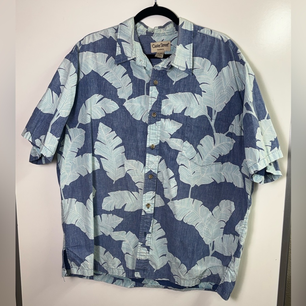 Cooke Street Honolulu 2XL Hawaiian Shirt Blue Reverse Banana Leaf Print Cotton